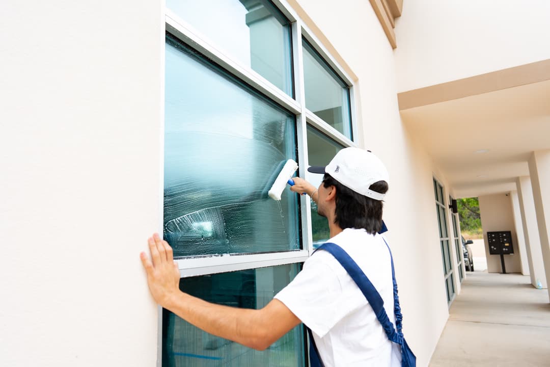 Man cleaning a large window with a squeegee, enhancing building appearance and cleanliness.