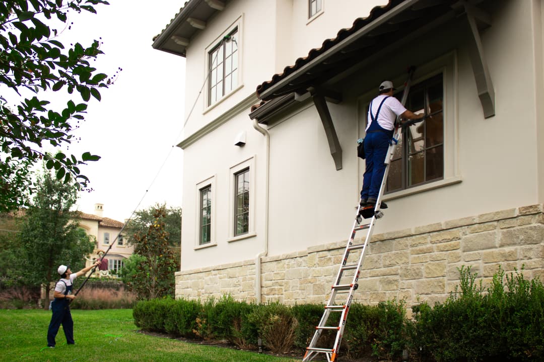 Professional workers using a ladder and pole saw for tree trimming near a stylish home.