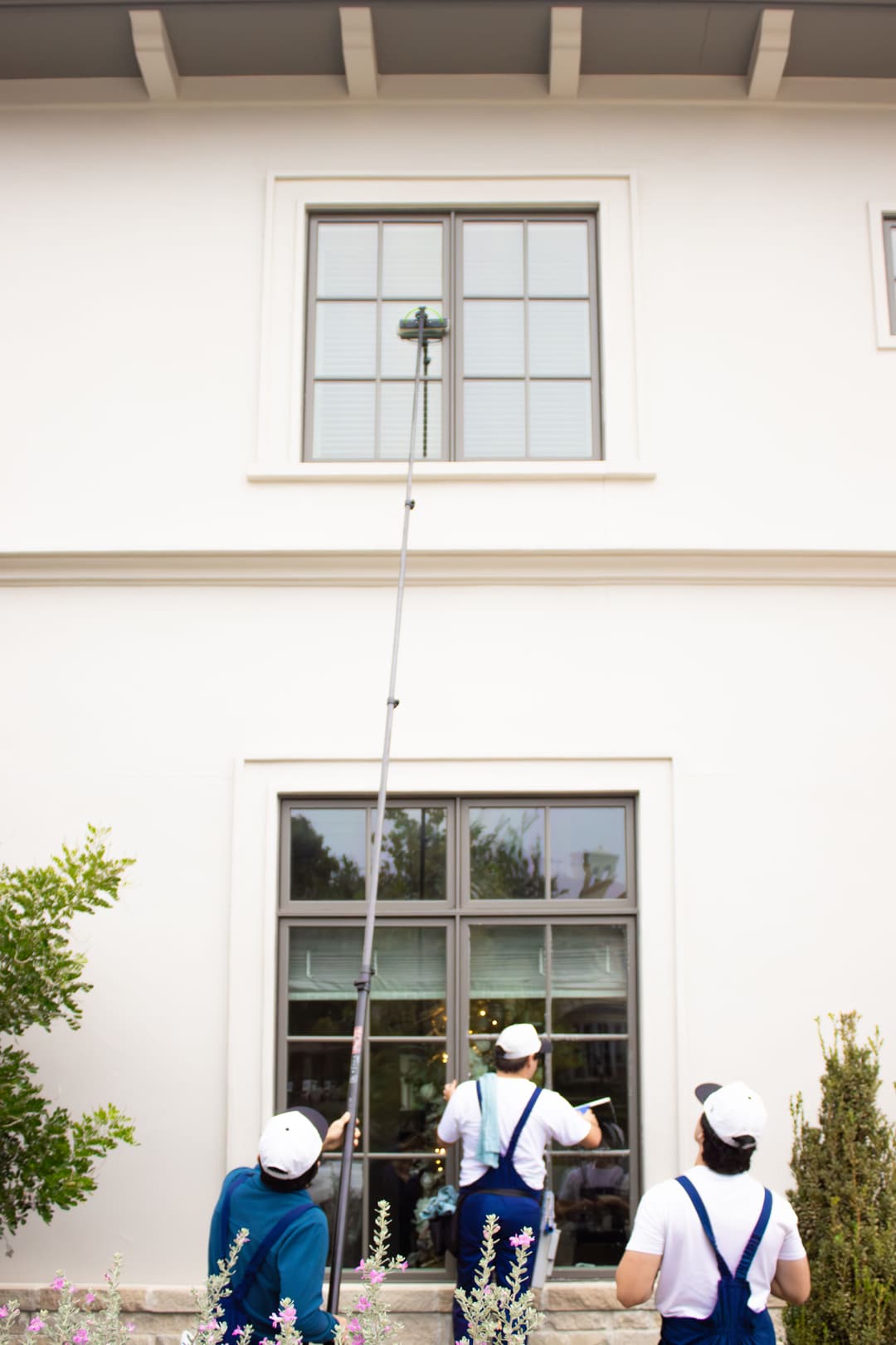 Window cleaning service staff using a pole to clean high windows on a modern building exterior.